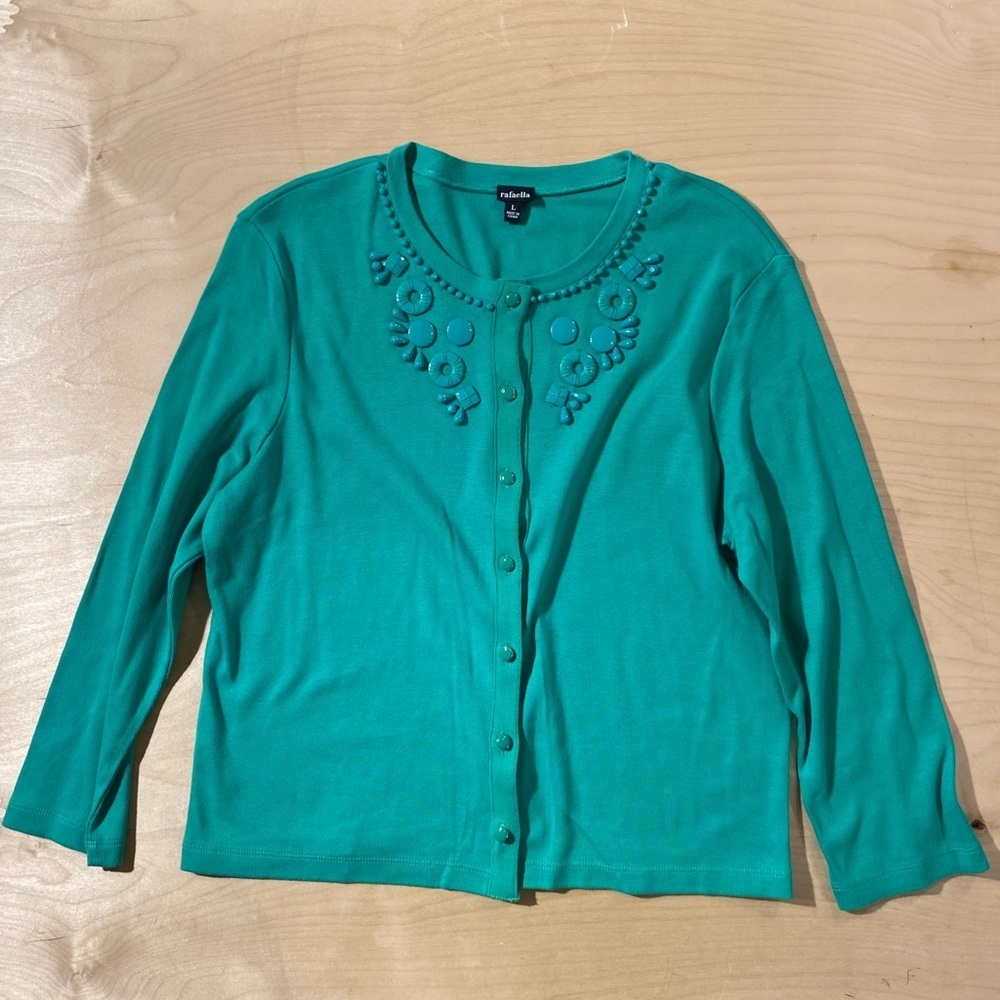 Rafaella Teal Cardigan with Beaded Accents Large (QK)